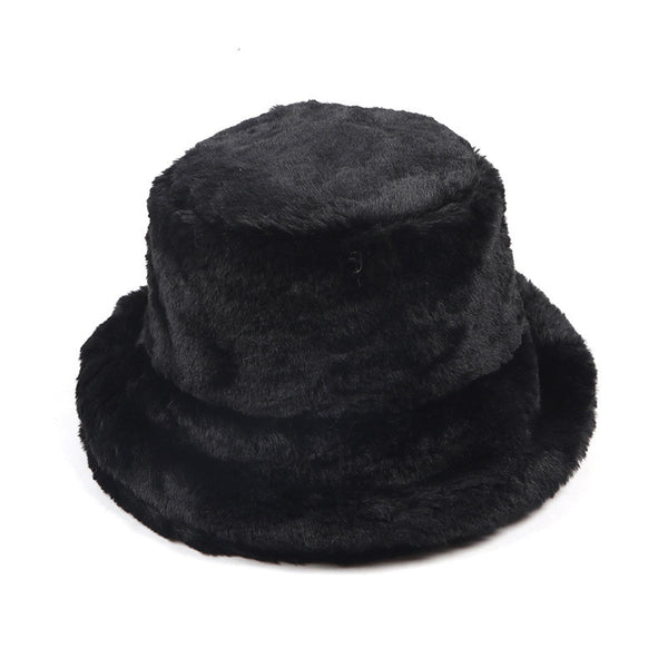 Black wide-brim winter bucket hat for women