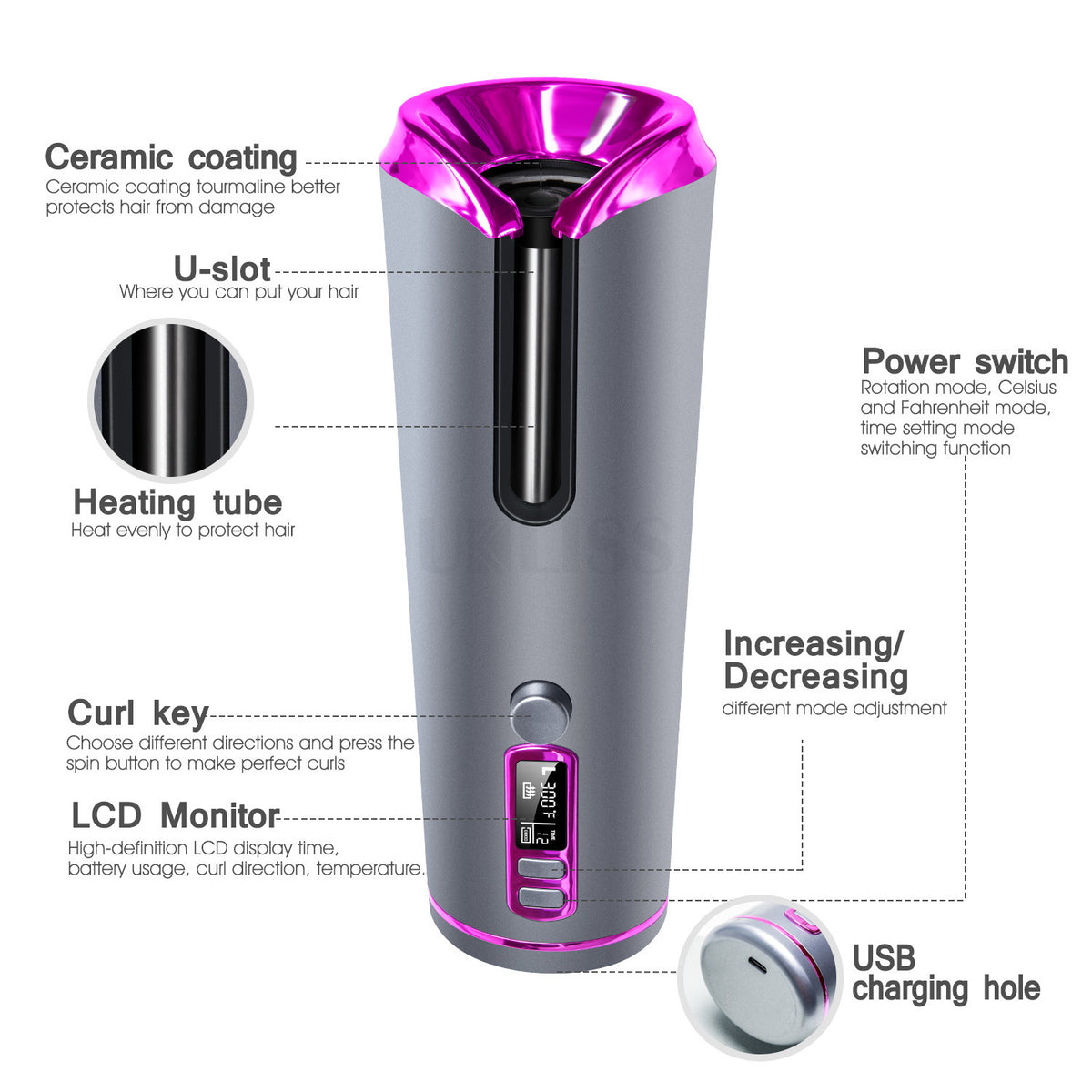 Portable Cordless Automatic Curling Iron with LCD Display, alternate product view