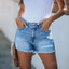 Women’s Frayed Denim Shorts with Ripped Stitching, shown in a clear product image