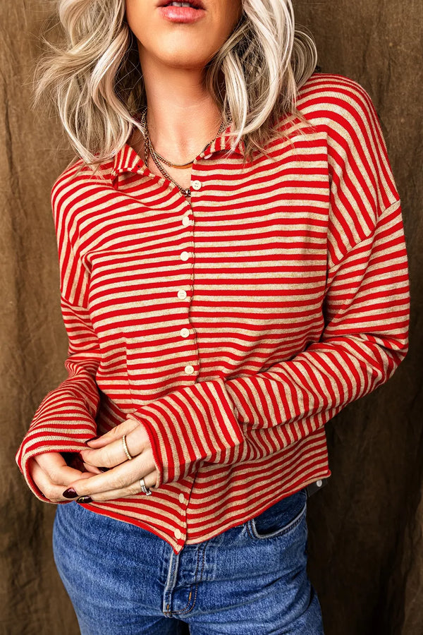 Stripe Striped Button Collar Long Sleeve Knit Cardigan view 2