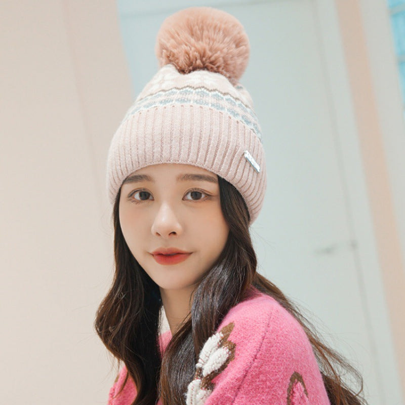 Pink pom pom knit beanie with ear flaps for women