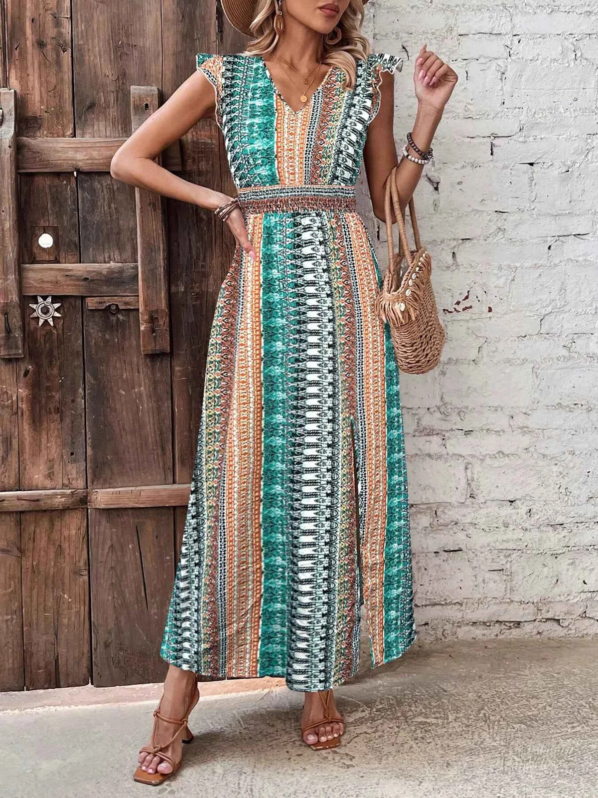 Boho Print Ruffle Sleeve Slit Dress, product view 17