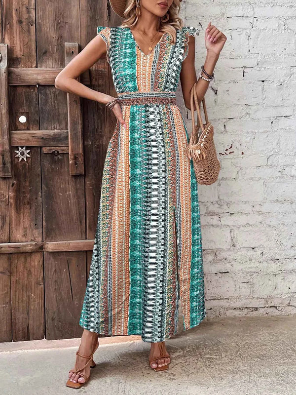 Boho Print Ruffle Sleeve Slit Dress-Casual Dresses-Splashis-Splashis