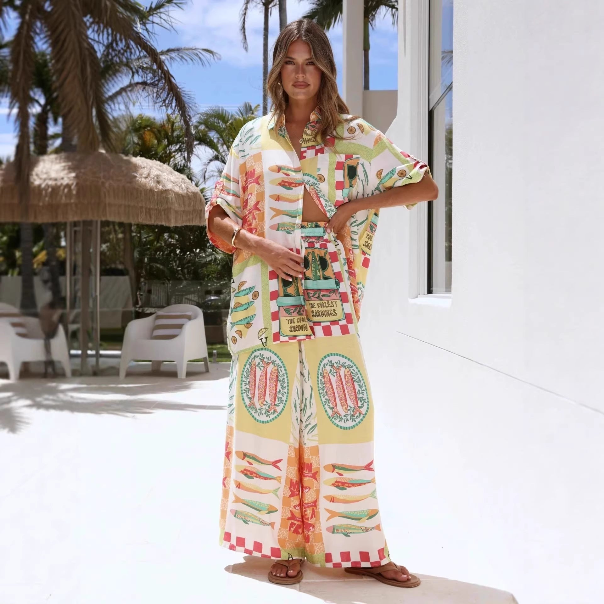 Women's Linen-Blend Printed Pants Set — main product image