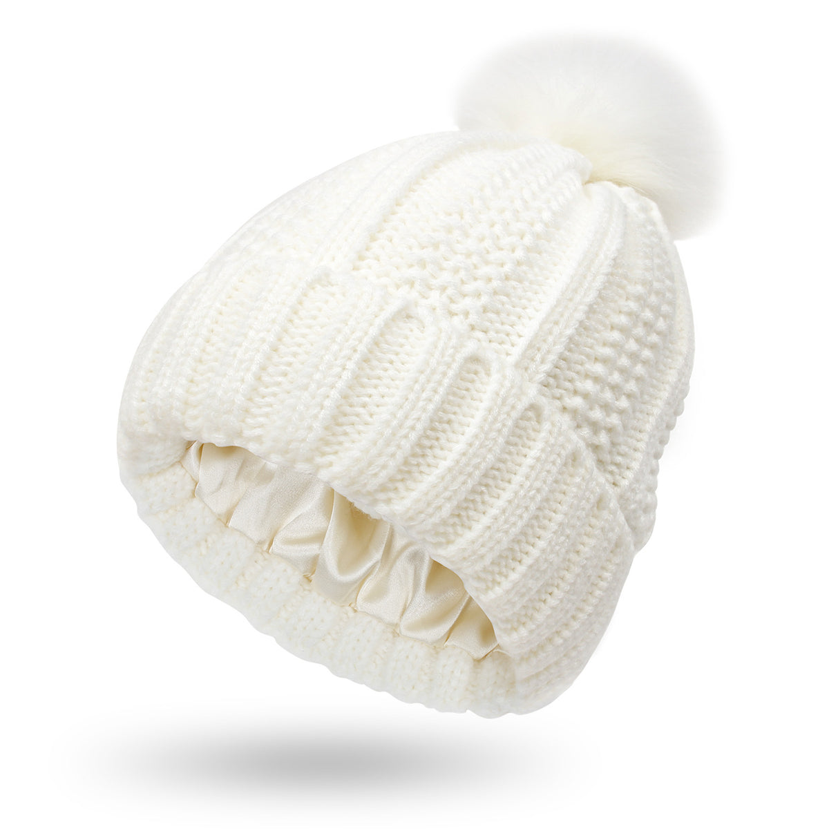 White satin lined pom pom beanie hat for women