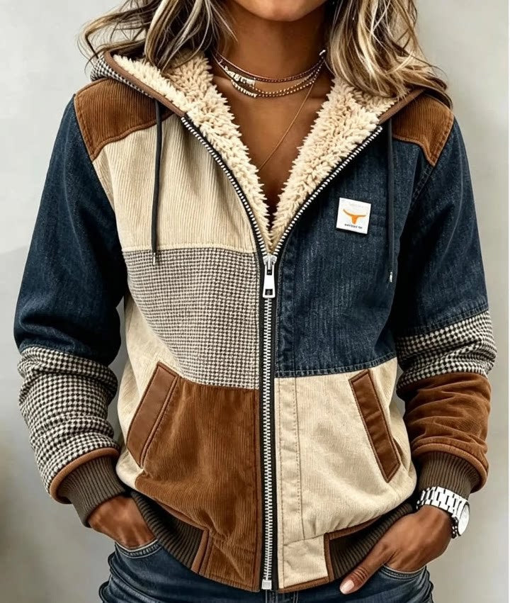 Multicolor patchwork zip-up hoodie with plush lining and contrast fabric panels