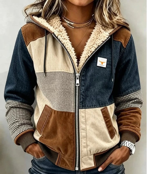Multicolor patchwork zip-up hoodie with plush lining and contrast fabric panels
