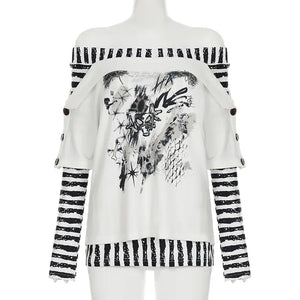 White Y2K striped off-shoulder top for women
