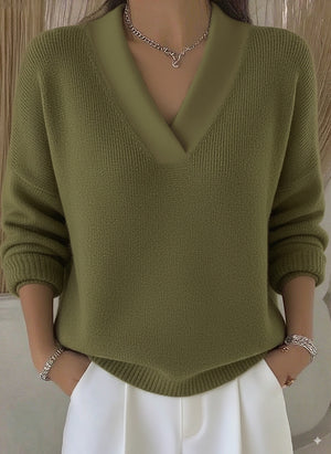 Army Green v-neck loose knit sweater with relaxed fit for women