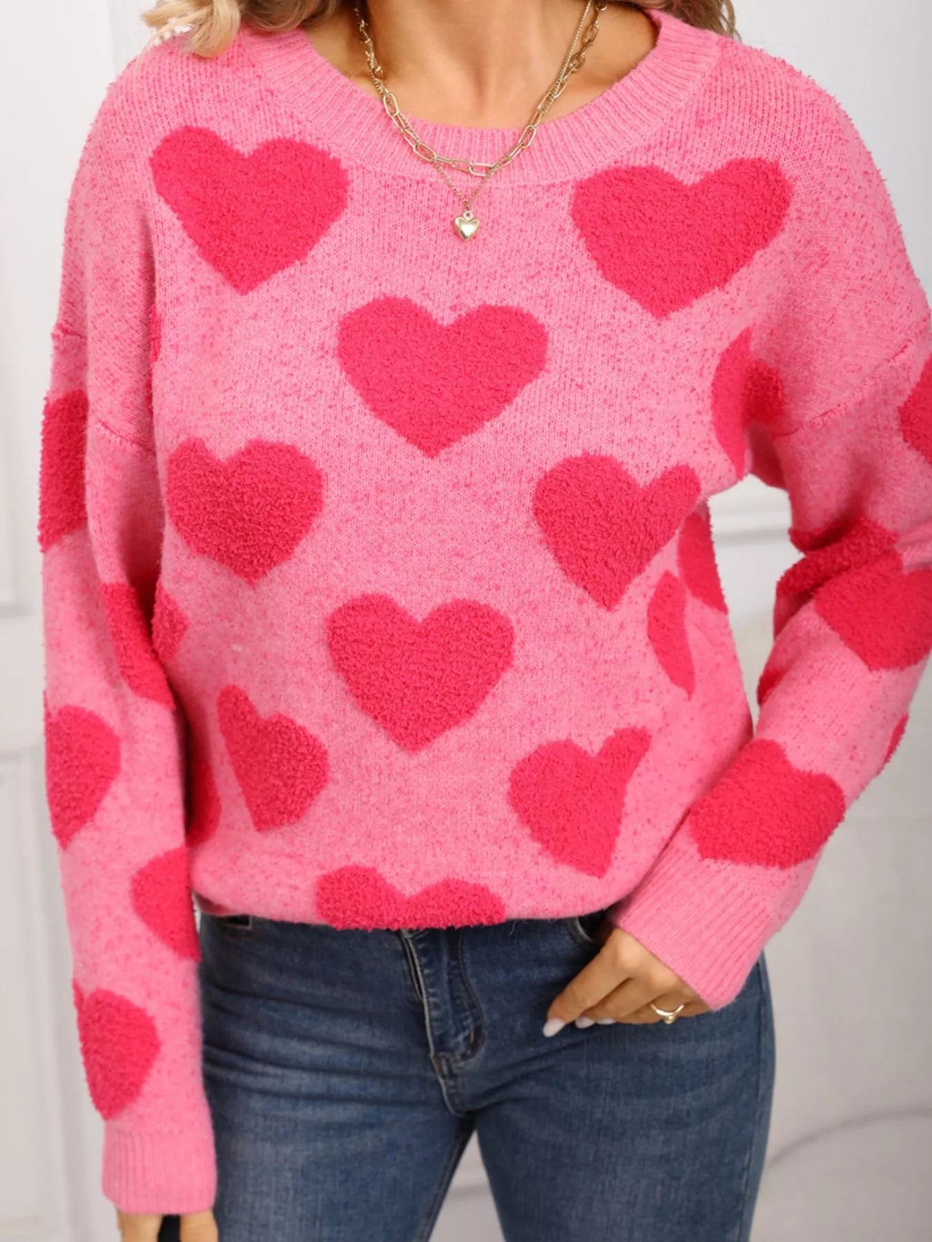 Valentine's Day Heart Pattern Round Neck Sweater view 10