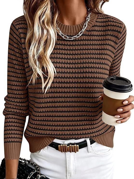 Striped Puff-Sleeve Round Neck Sweater – view 6