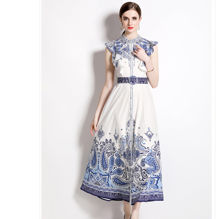 Women's Printed Belted Maxi Dress, side product view