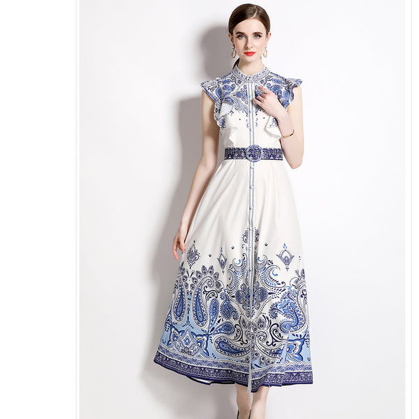 Women's Printed Belted Maxi Dress, side product view
