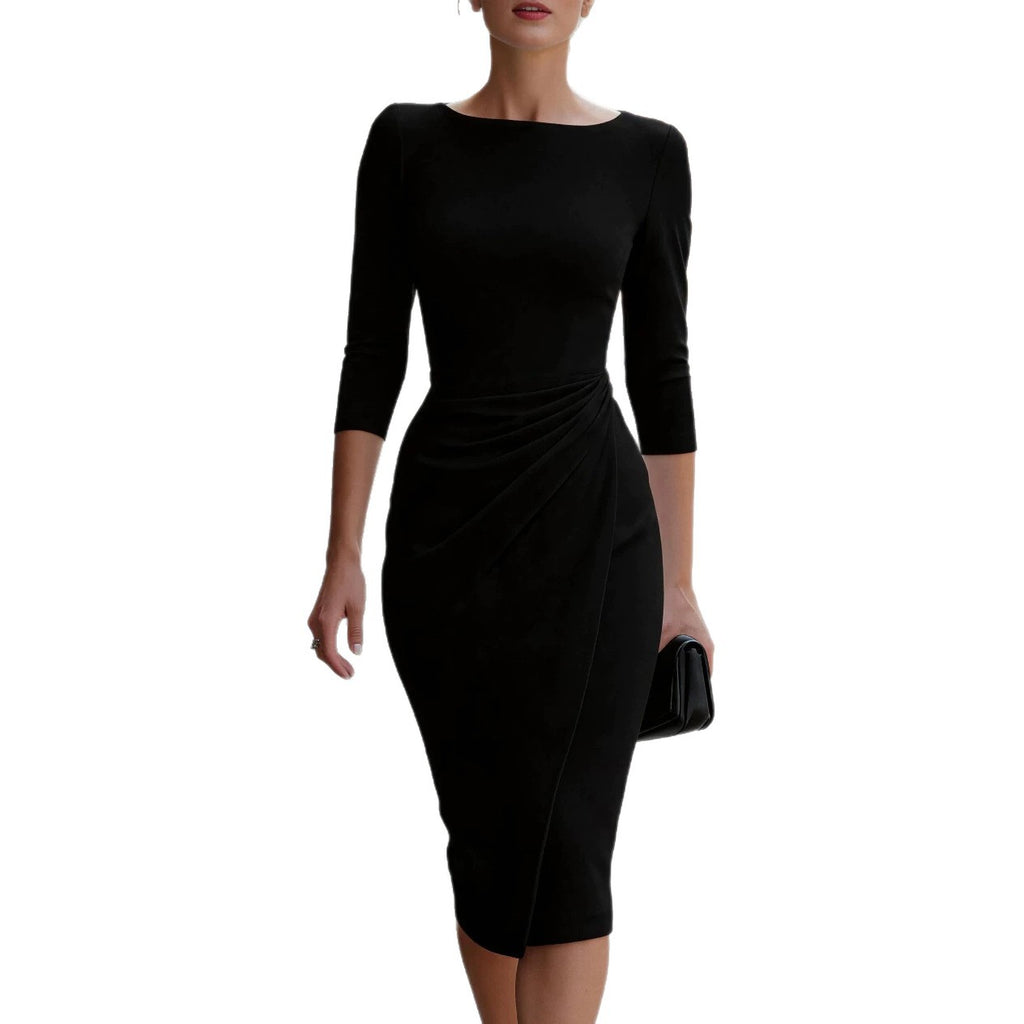 Black three-quarter sleeve midi dress with gathered waist on a white background