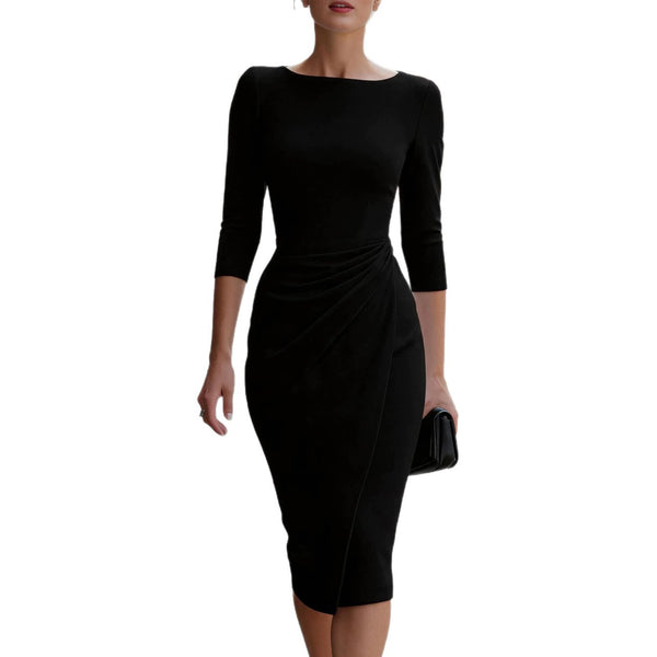 Black three-quarter sleeve midi dress with gathered waist on a white background