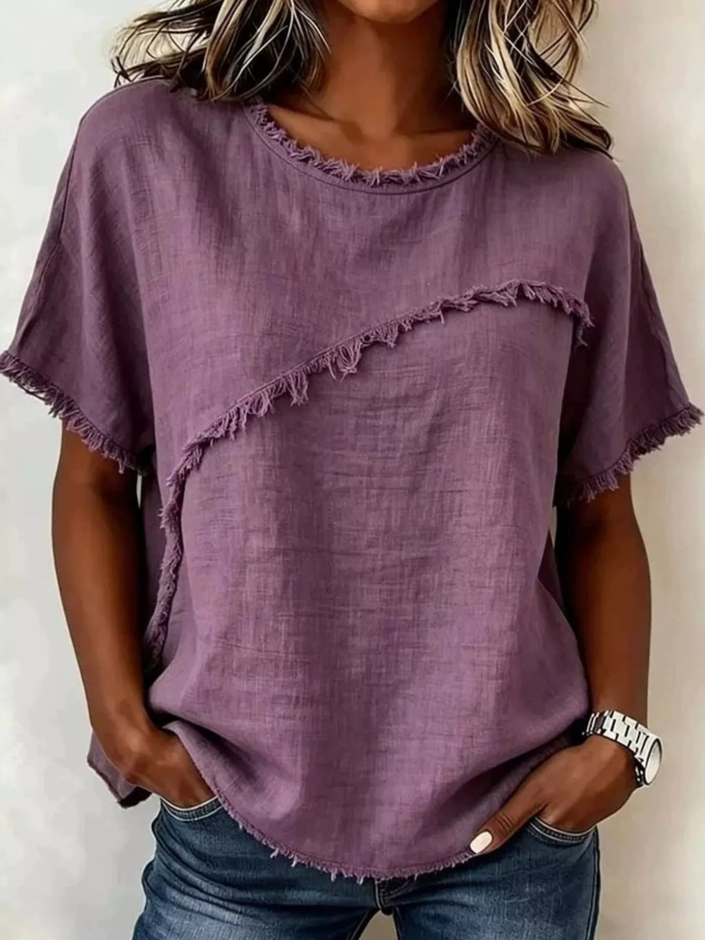 Full Size Frayed Hem Short Sleeve Top Plus Size view 10