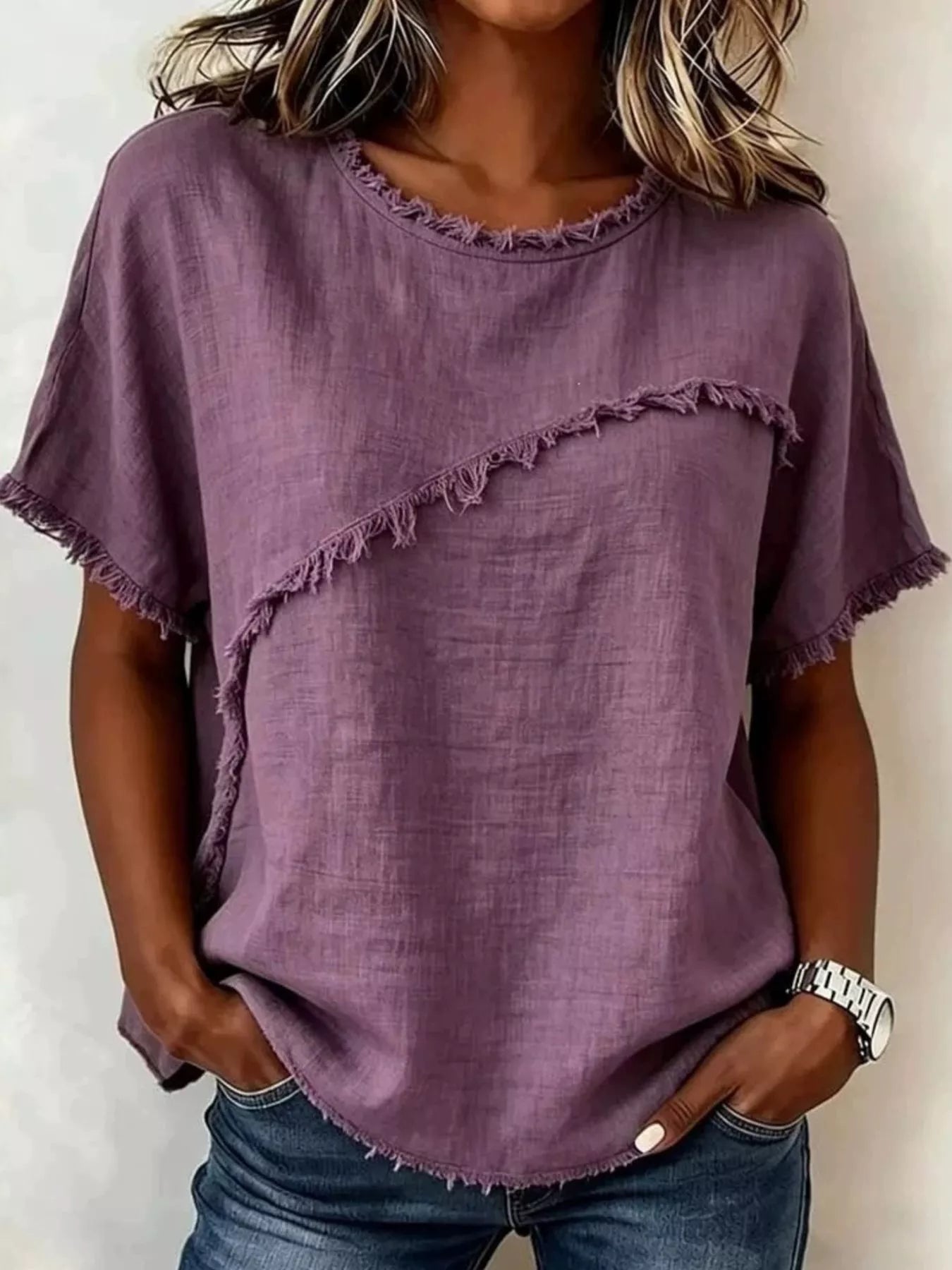 Full Size Frayed Hem Short Sleeve Top Plus Size view 10