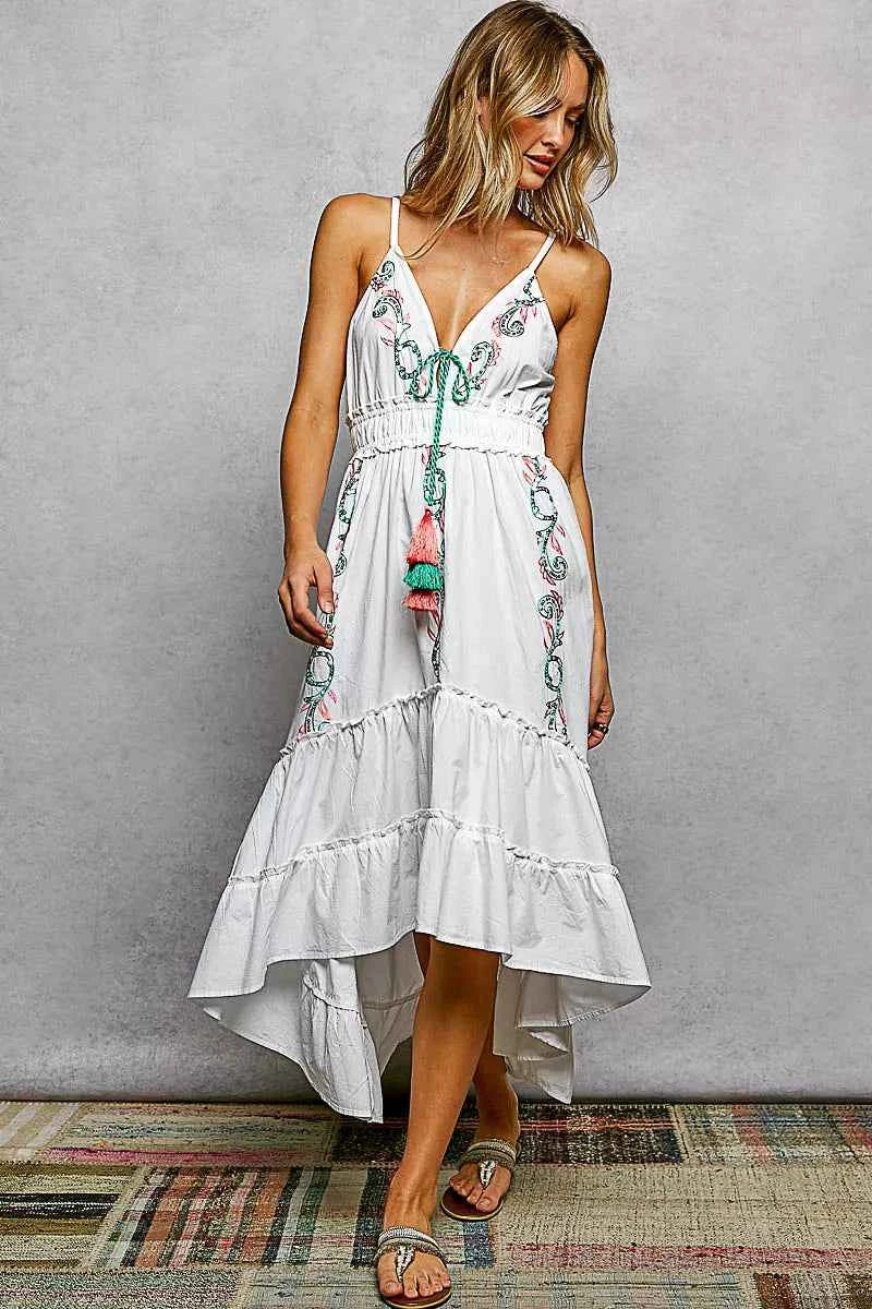 Ivory tiered cami midi dress with embroidered tassel tie — additional view 3