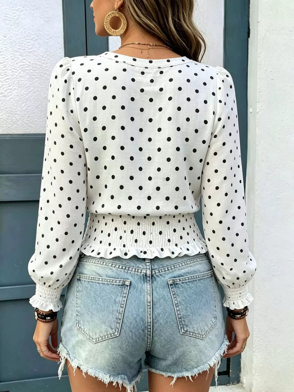 Polka dot V-neck smocked blouse — additional view 2