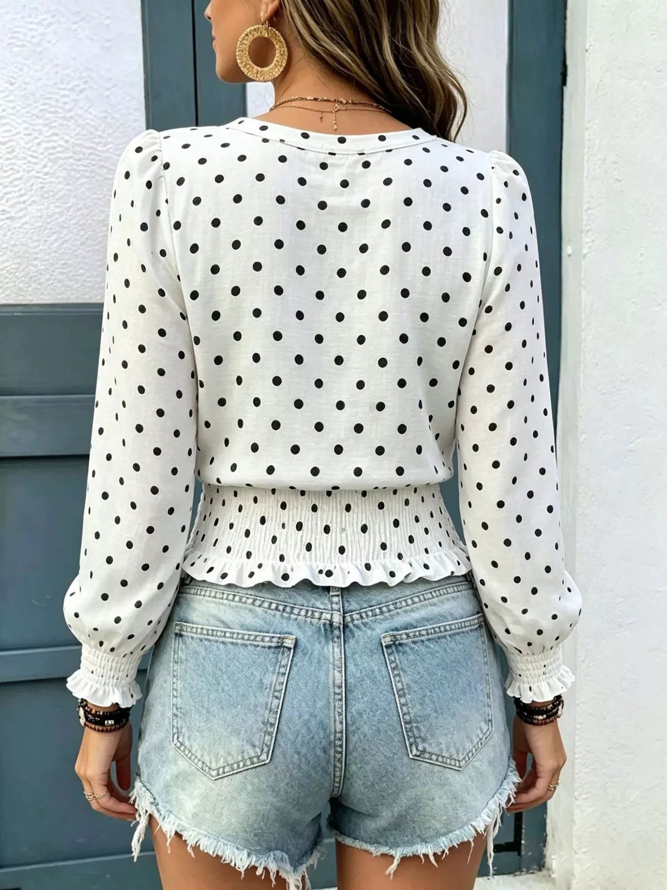 Polka dot V-neck smocked blouse — additional view 2