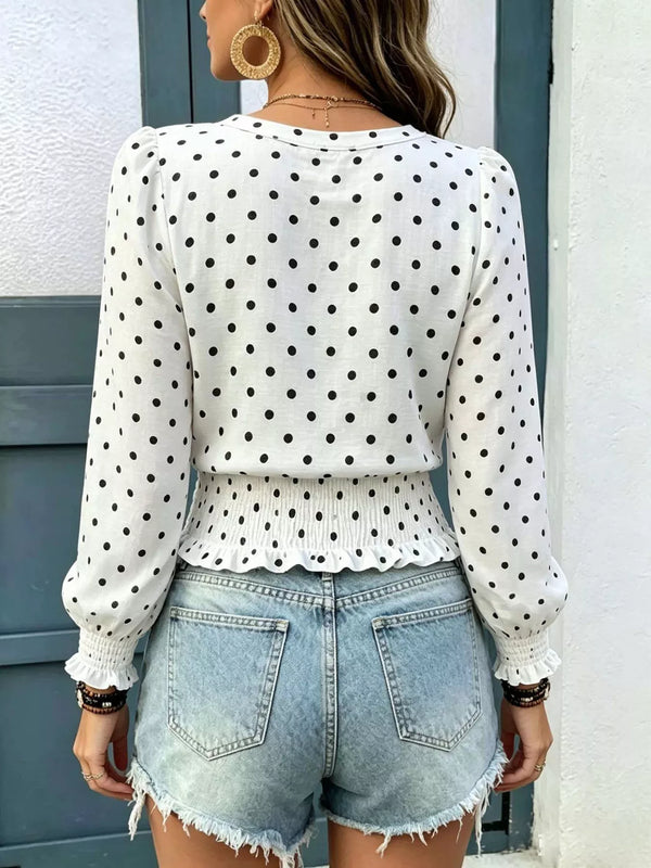 Polka dot V-neck smocked blouse — additional view 2