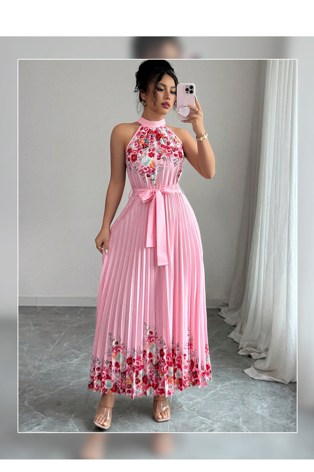 Women's Floral Print Pleated Maxi Dress, product view 9