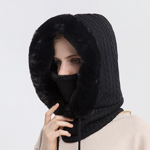 Black plush hooded hat with scarf for women