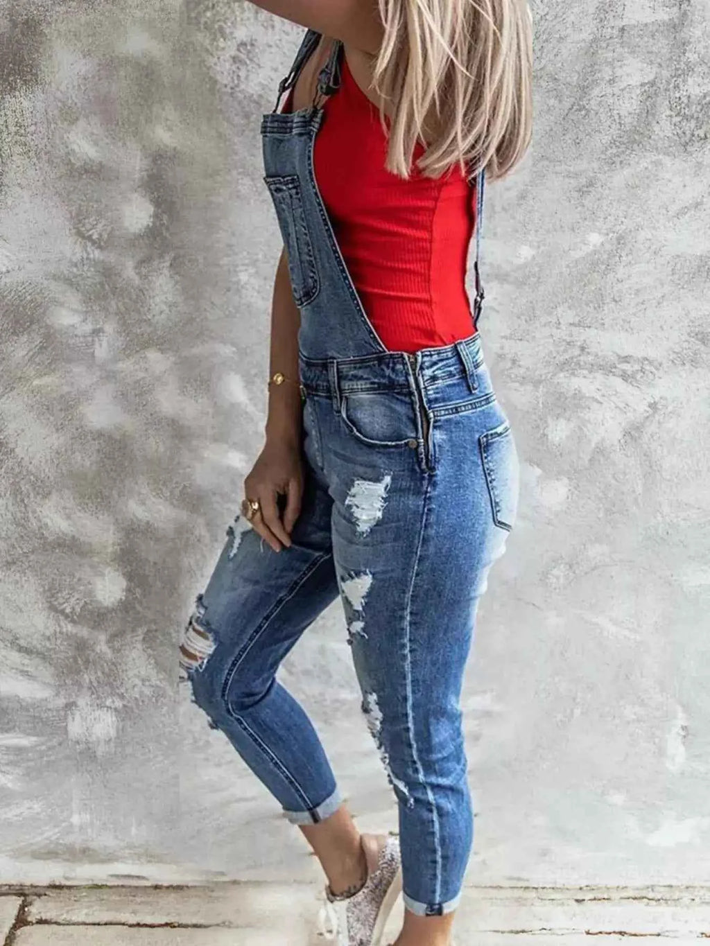 Distressed denim overalls — additional view 2