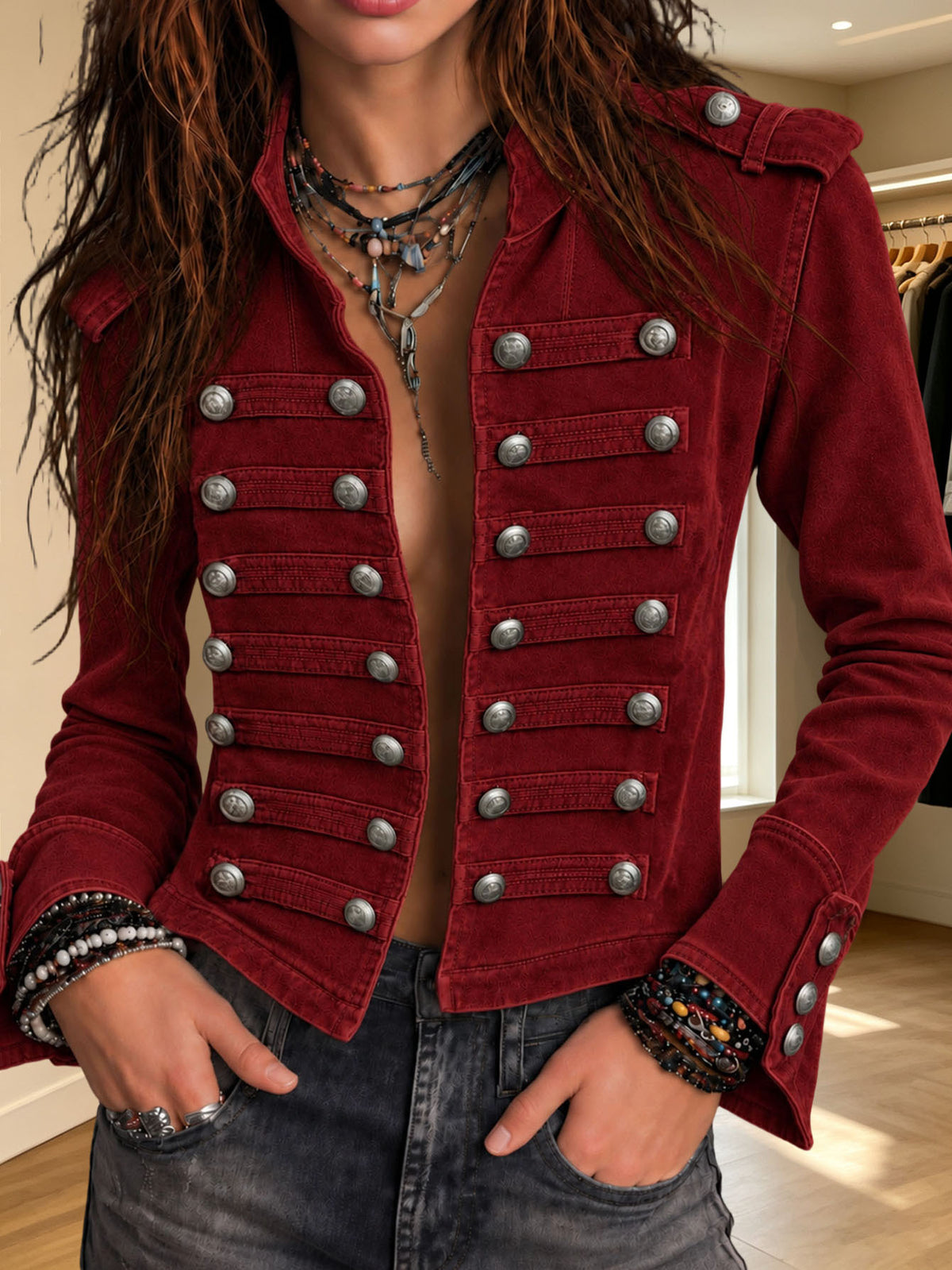 Double-breasted cropped military jacket for women, image 3