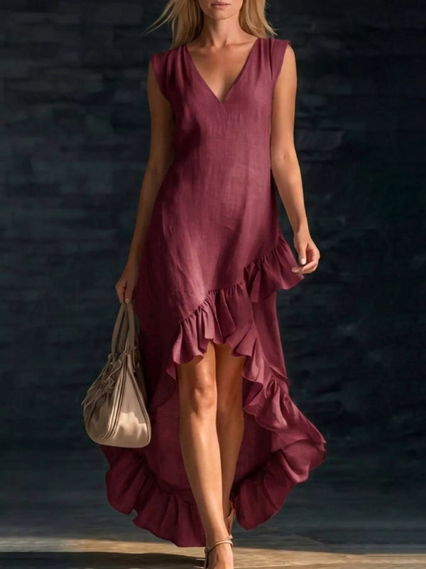 Full Size V-Neck Ruffle Hem High-Low Dress Plus Size — additional view 3