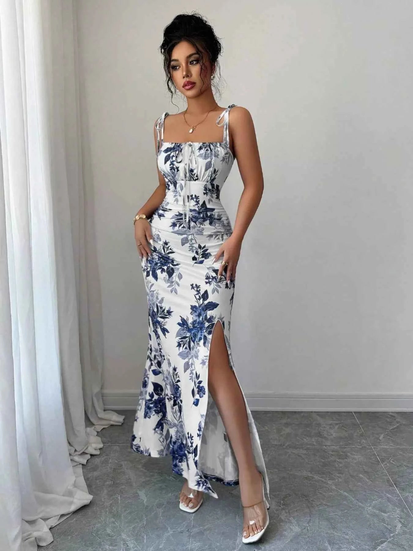 Printed Tie Strap Slit Maxi Dress-Maxi Dress.-Splashis-Splashis