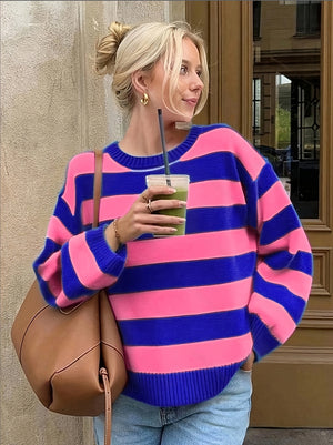 Blue striped knit sweater - color block viscose pullover for women