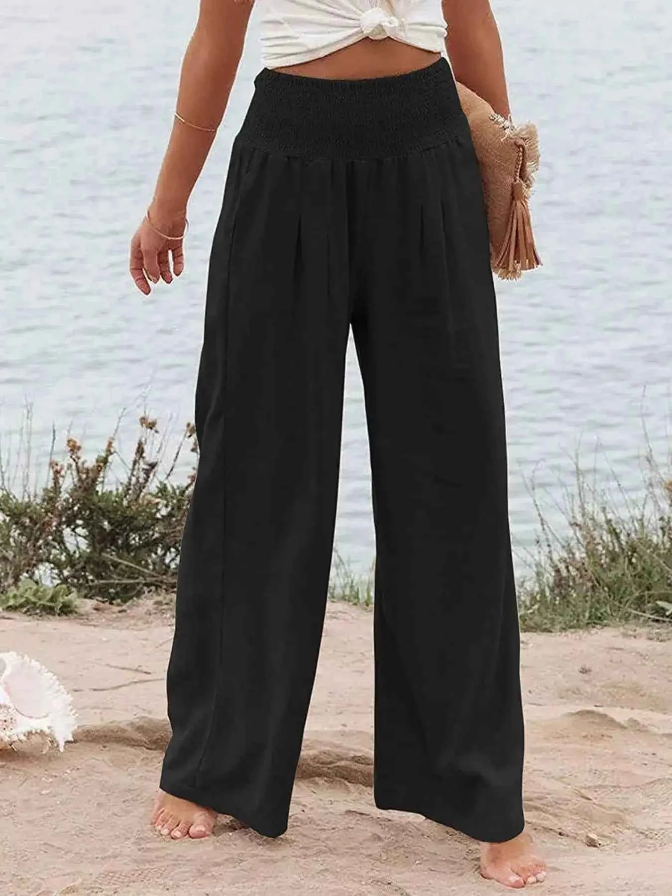 Smocked high-waisted wide-leg pants — additional view 5
