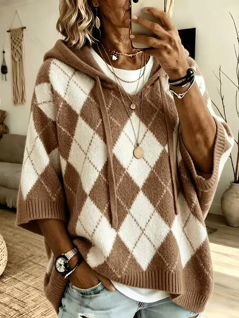 Hooded drawstring sweater, side view