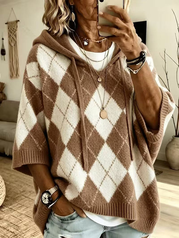 Hooded drawstring sweater, side view