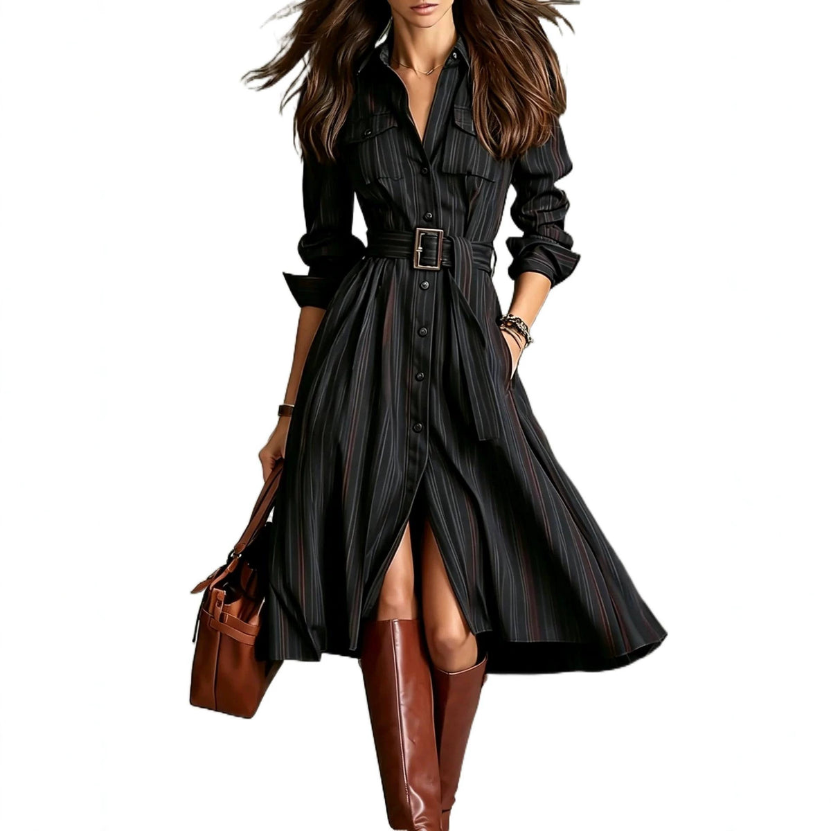 Belted Cinched-Waist Mid-Length Shirt Dress product image