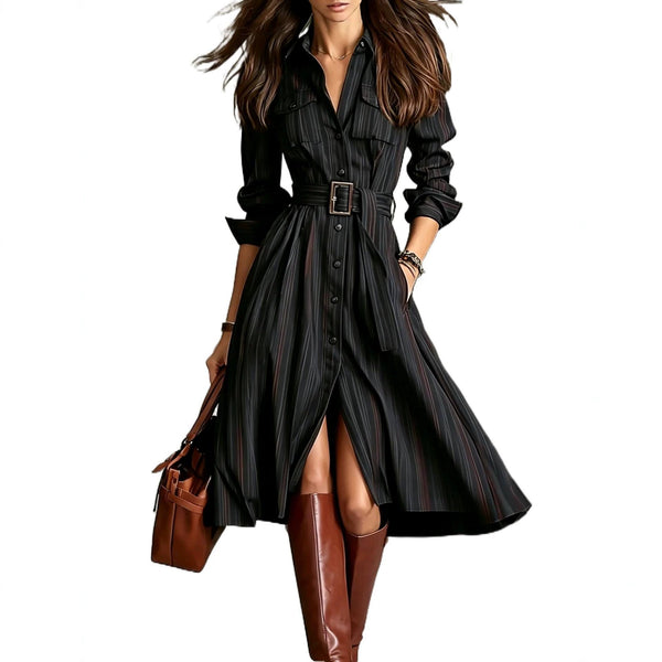 Belted Cinched-Waist Mid-Length Shirt Dress