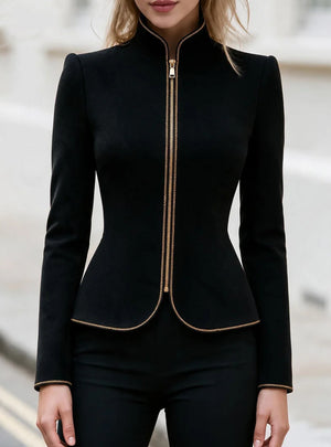 Black stand collar zip-up short jacket with gold trim for women