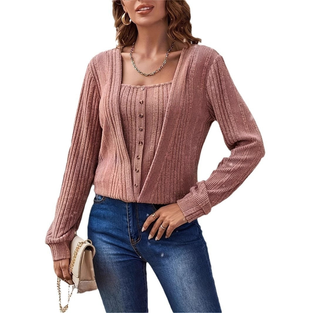 Women's Loose Knit Long Sleeve Top - Solid Color Button Sweater additional product view