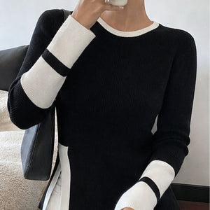 Black slit thin knit sweater top with patchwork detail for women