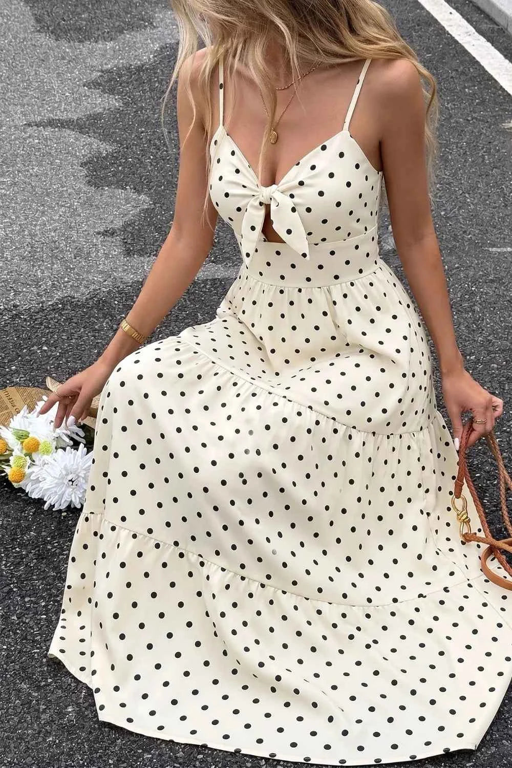 Polka dot tie-front cutout maxi dress — additional view 4