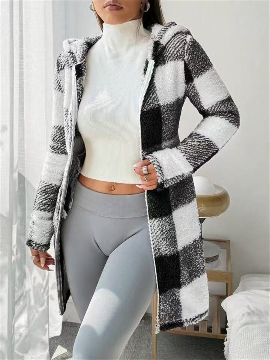 Black and white checked hooded jacket with plush trim along the opening