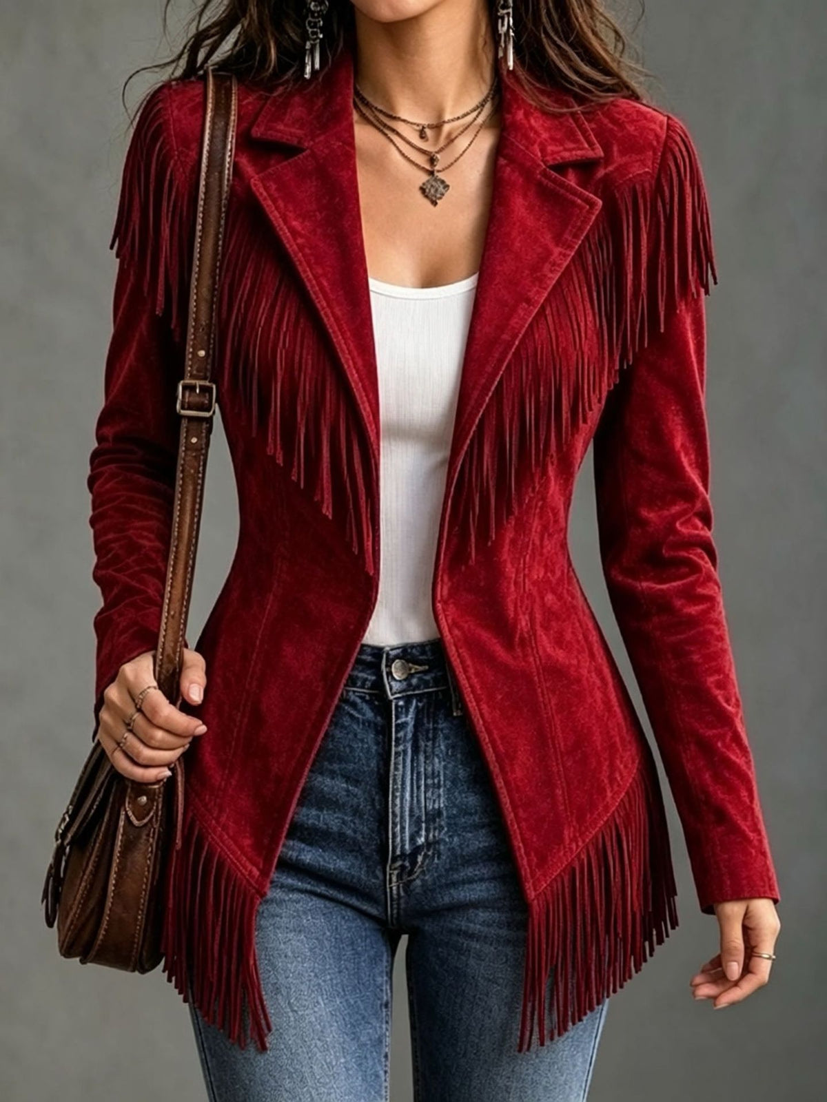 Fringe-trim faux suede jacket for women, image 5
