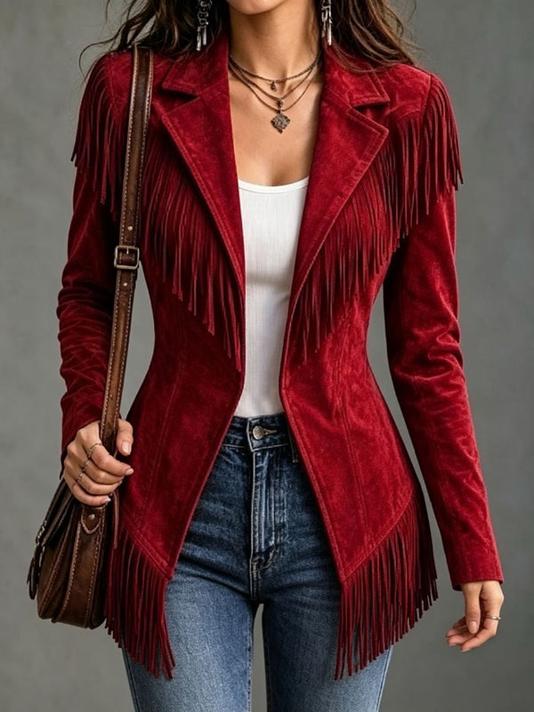 Fringe-trim faux suede jacket for women, image 5