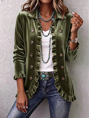 Army Green ruffled-edge buttoned velvet cardigan for women