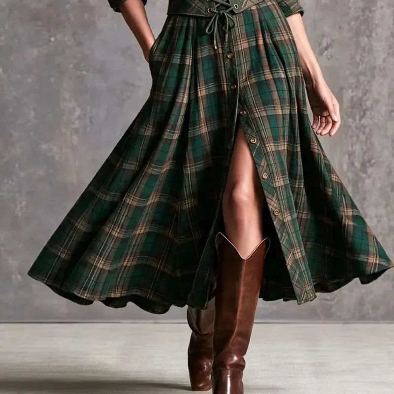 Green plaid A-line long dress with waist tie