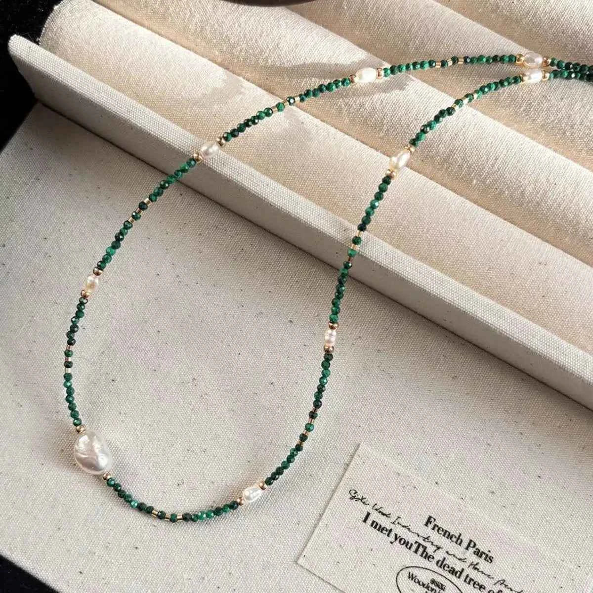 Pearl-Style & Green Stone Beaded Necklace, product view 10