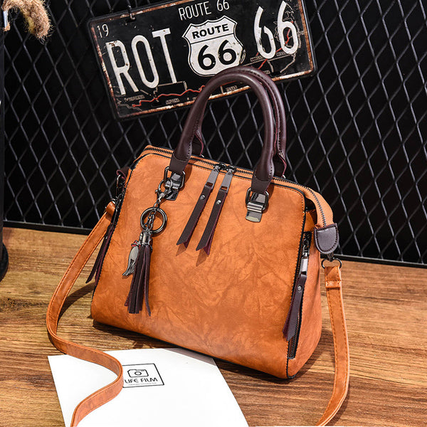 Vintage PU Leather Tassel Top-Handle Tote Bag for Women, product view 9
