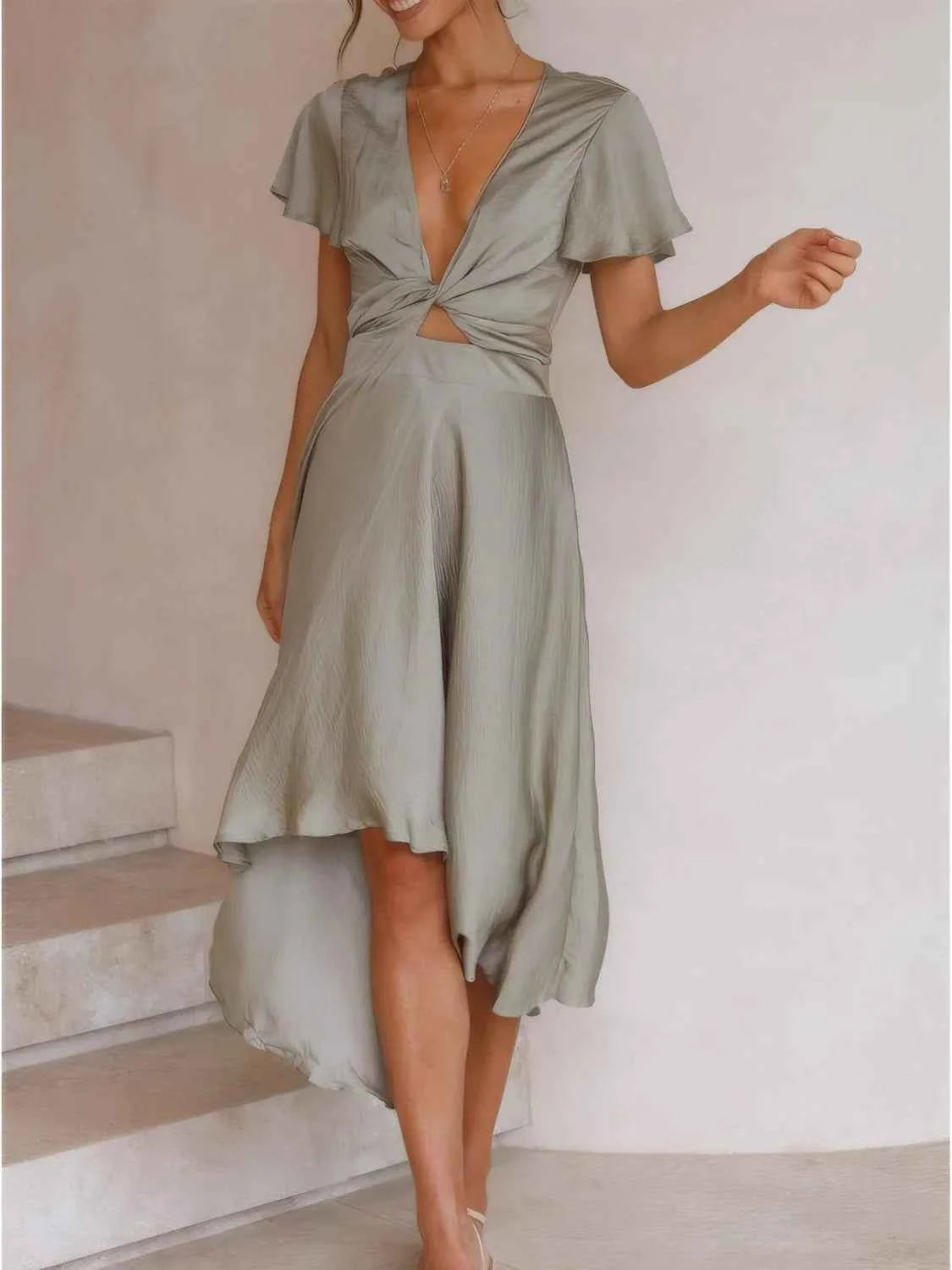 High-Low Plunge Flutter Sleeve Dress view 4
