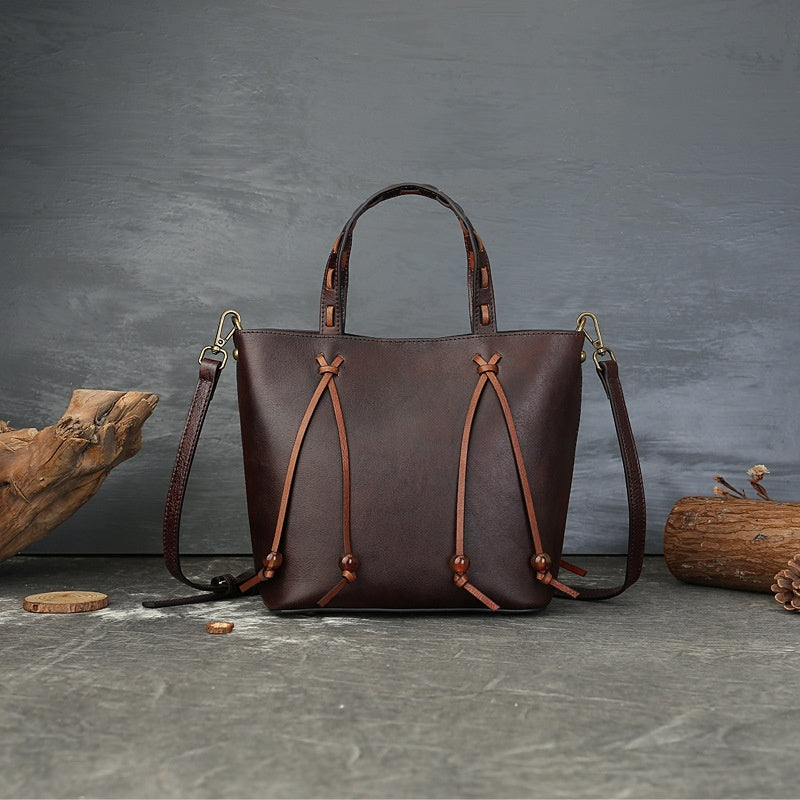 Woven Bucket Bag - PU Leather Minimalist Crossbody Bag for Women, front product view